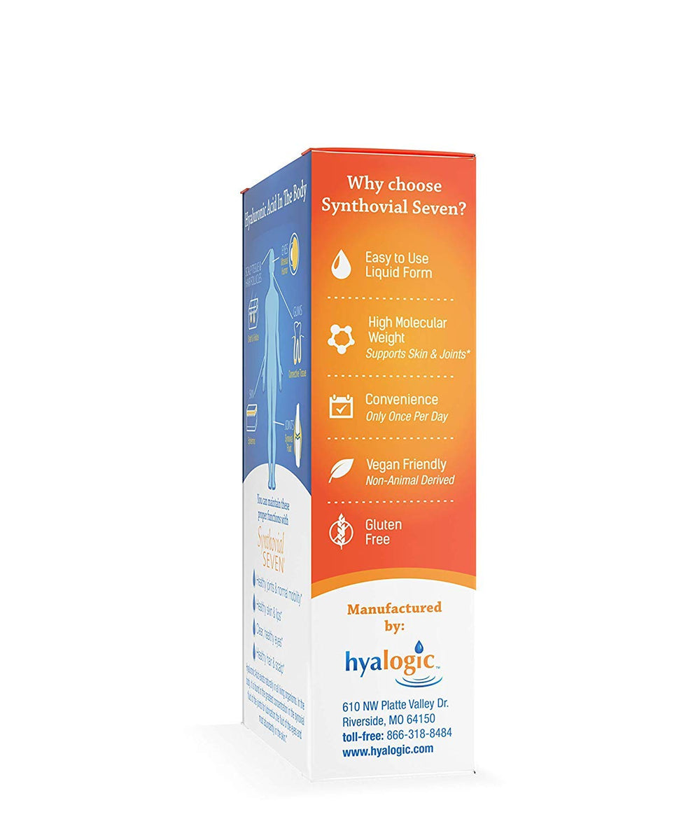 Glass with Hyalogic Synthovial Seven liquid indicating skin hydration use.