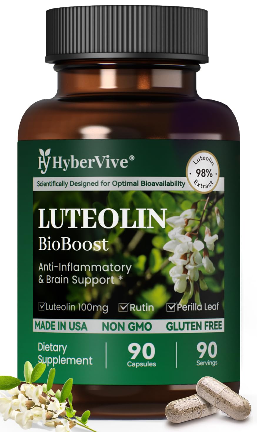 HyberVive Luteolin bottle label highlights high-purity luteolin formulation for quality.