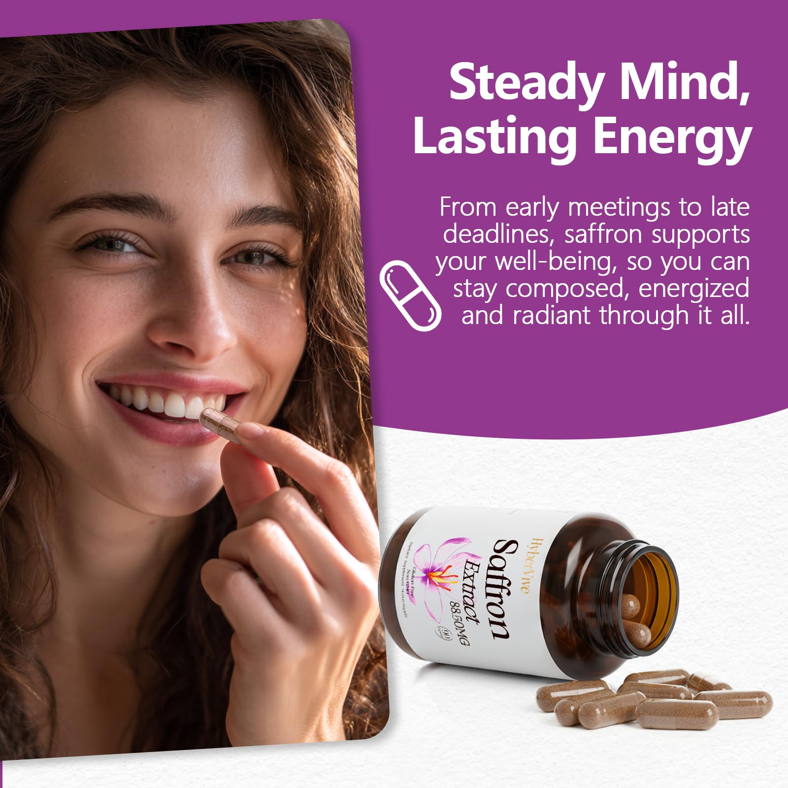 HyberVive saffron capsule pour showing daily dosage for easy use