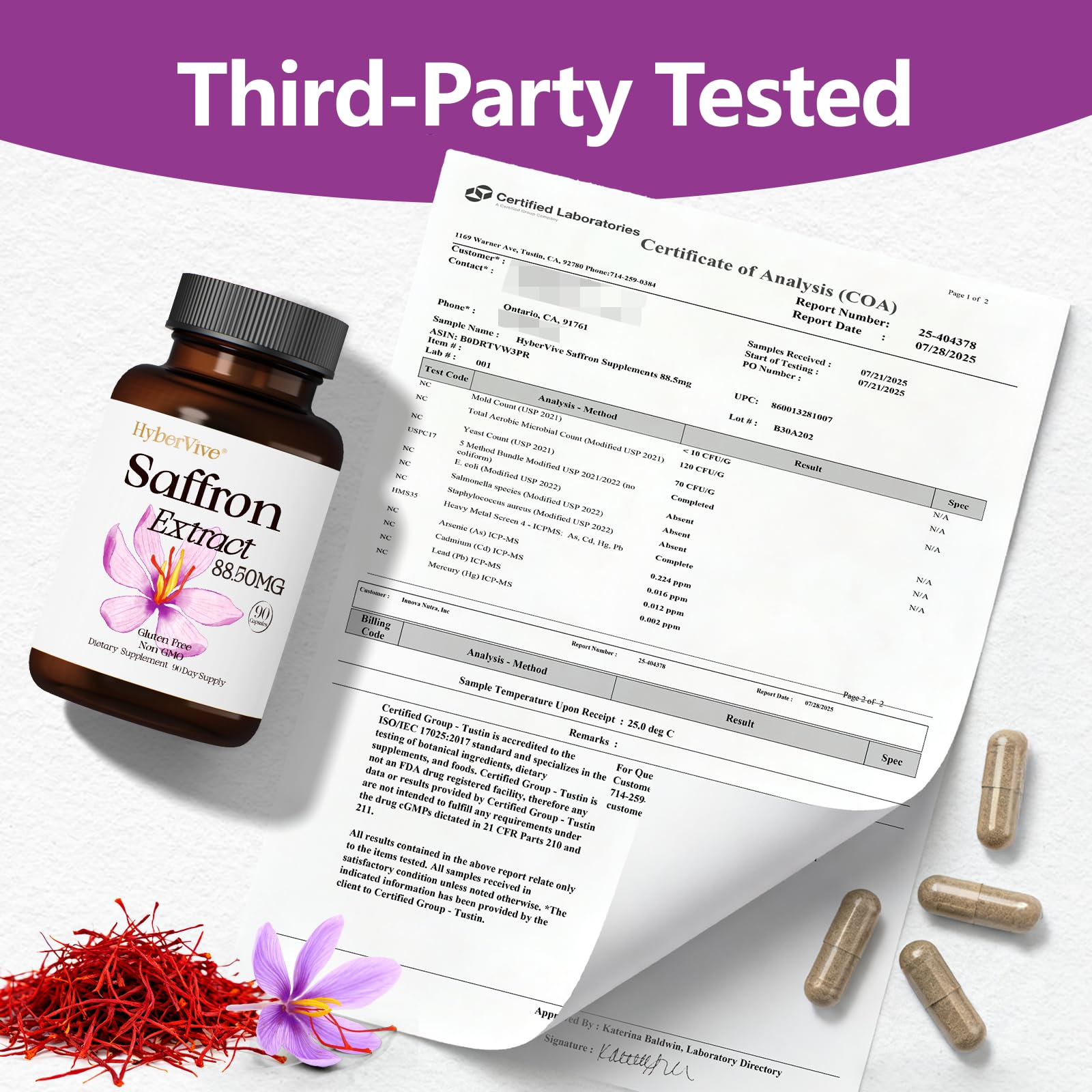 HyberVive saffron ingredient panel highlighting allergen-free formula