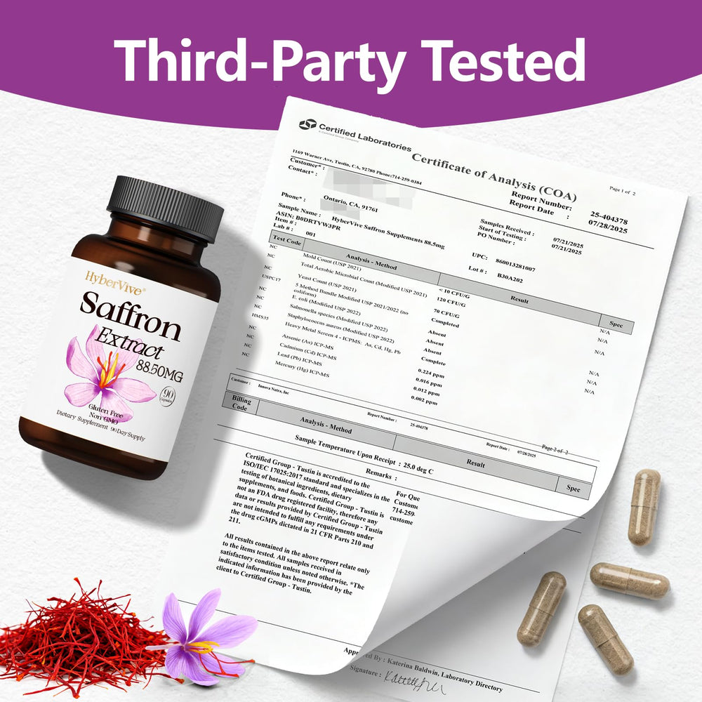 HyberVive saffron ingredient panel highlighting allergen-free formula