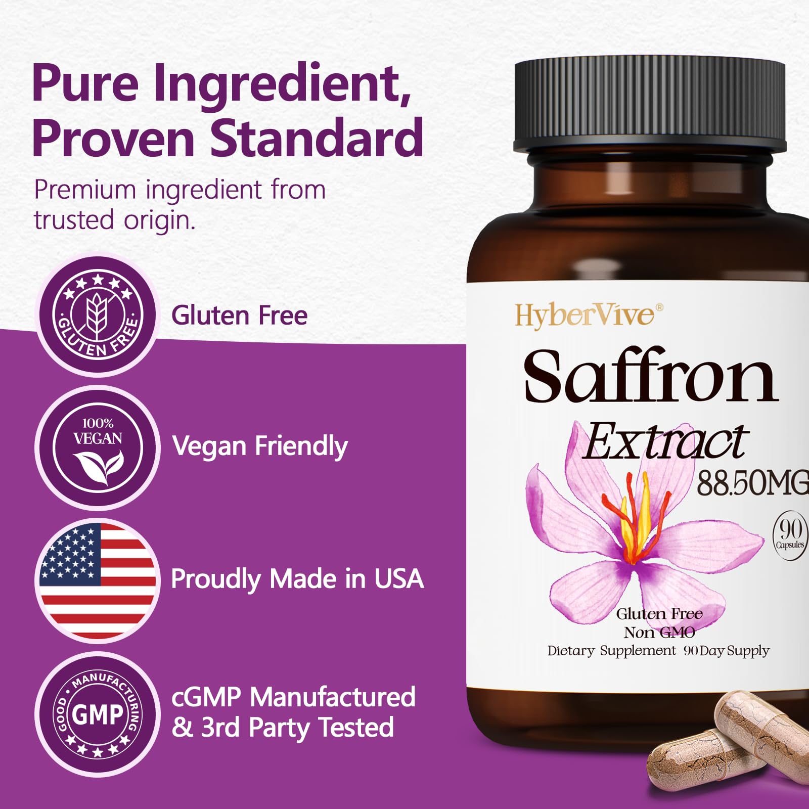 HyberVive saffron packaging front emphasizing USA-made quality