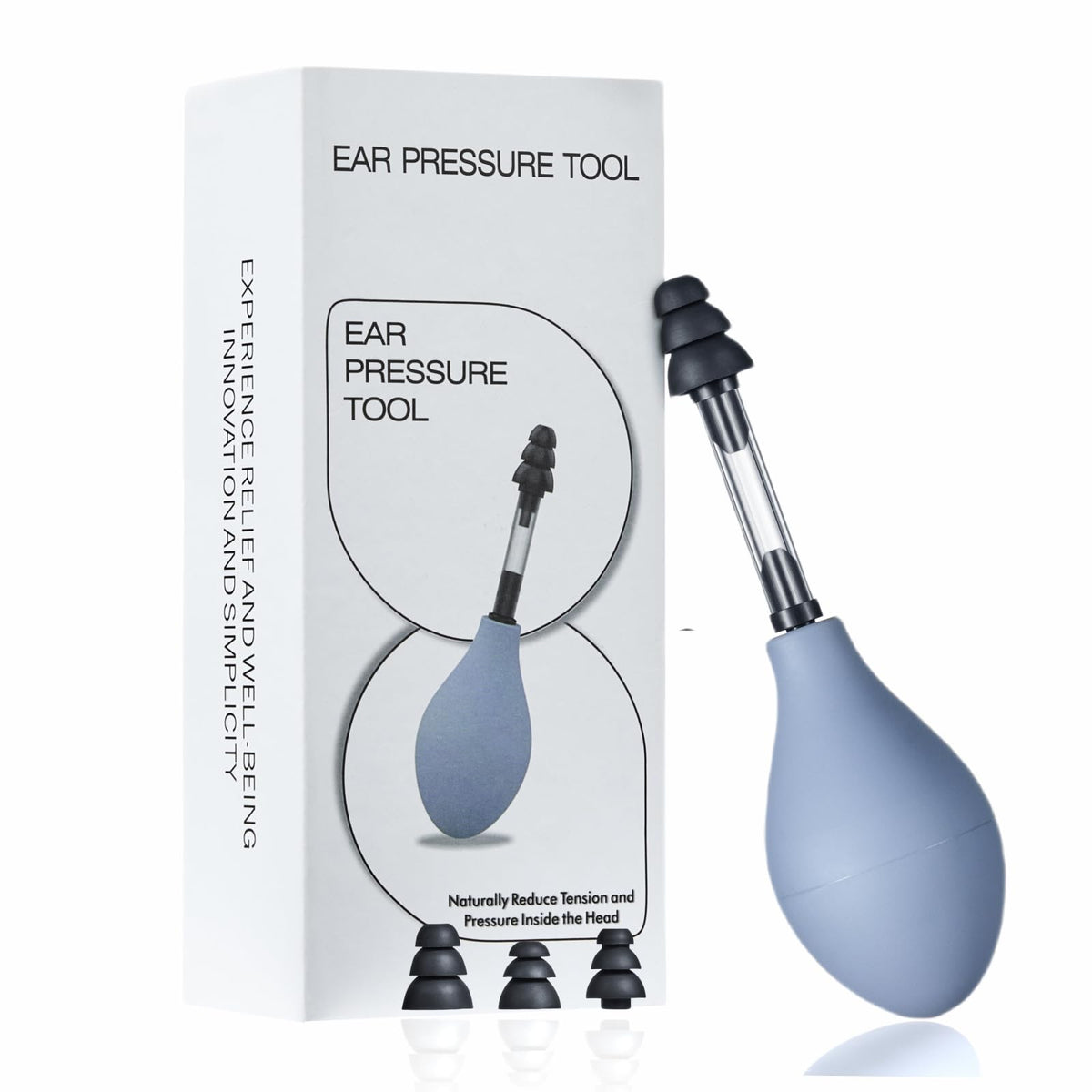 HYBMMQ ear pressure relief suction device, grey outer view, travel-ready
