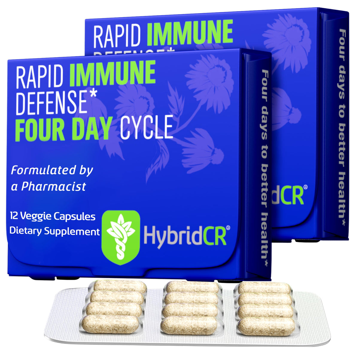HybridCR bottle with immune-support capsules for on-the-go defense.