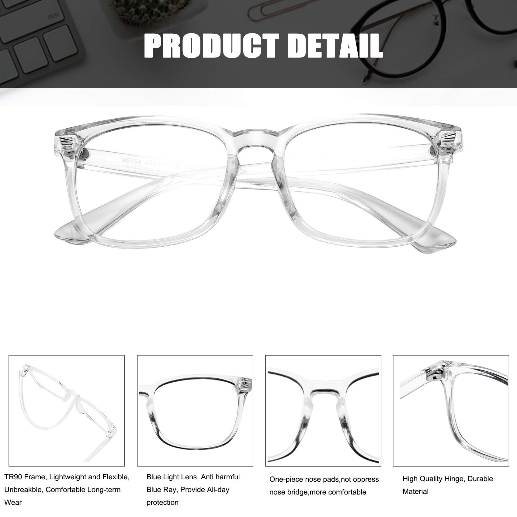 Hycredi Kids blue light glasses dustproof PC lens close-up emphasizing durability.
