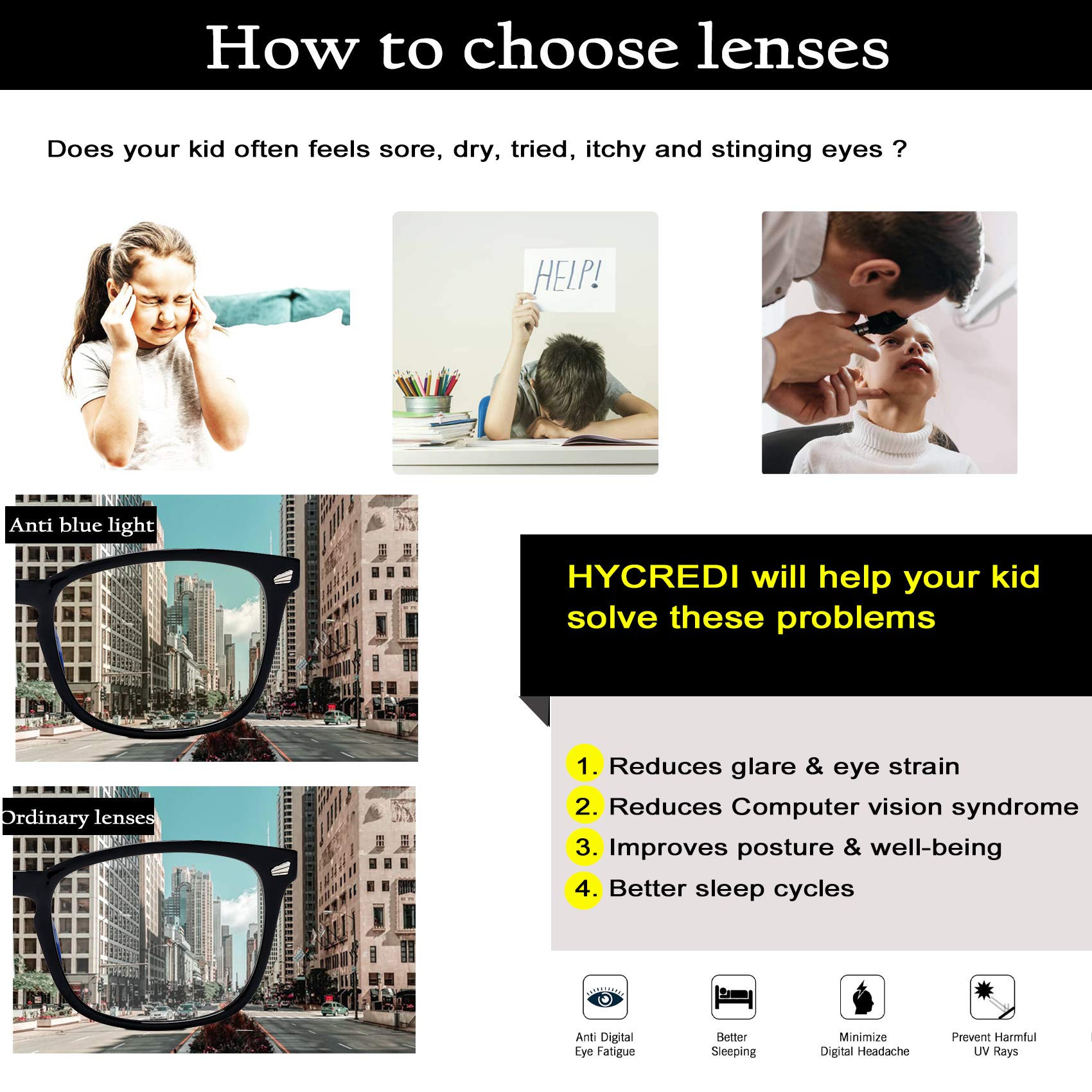 Hycredi Kids blue light blocking lens close-up highlighting clear PC lens.