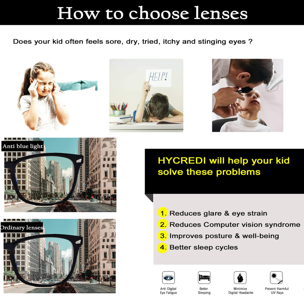 Hycredi Kids blue light blocking lens close-up highlighting clear PC lens.