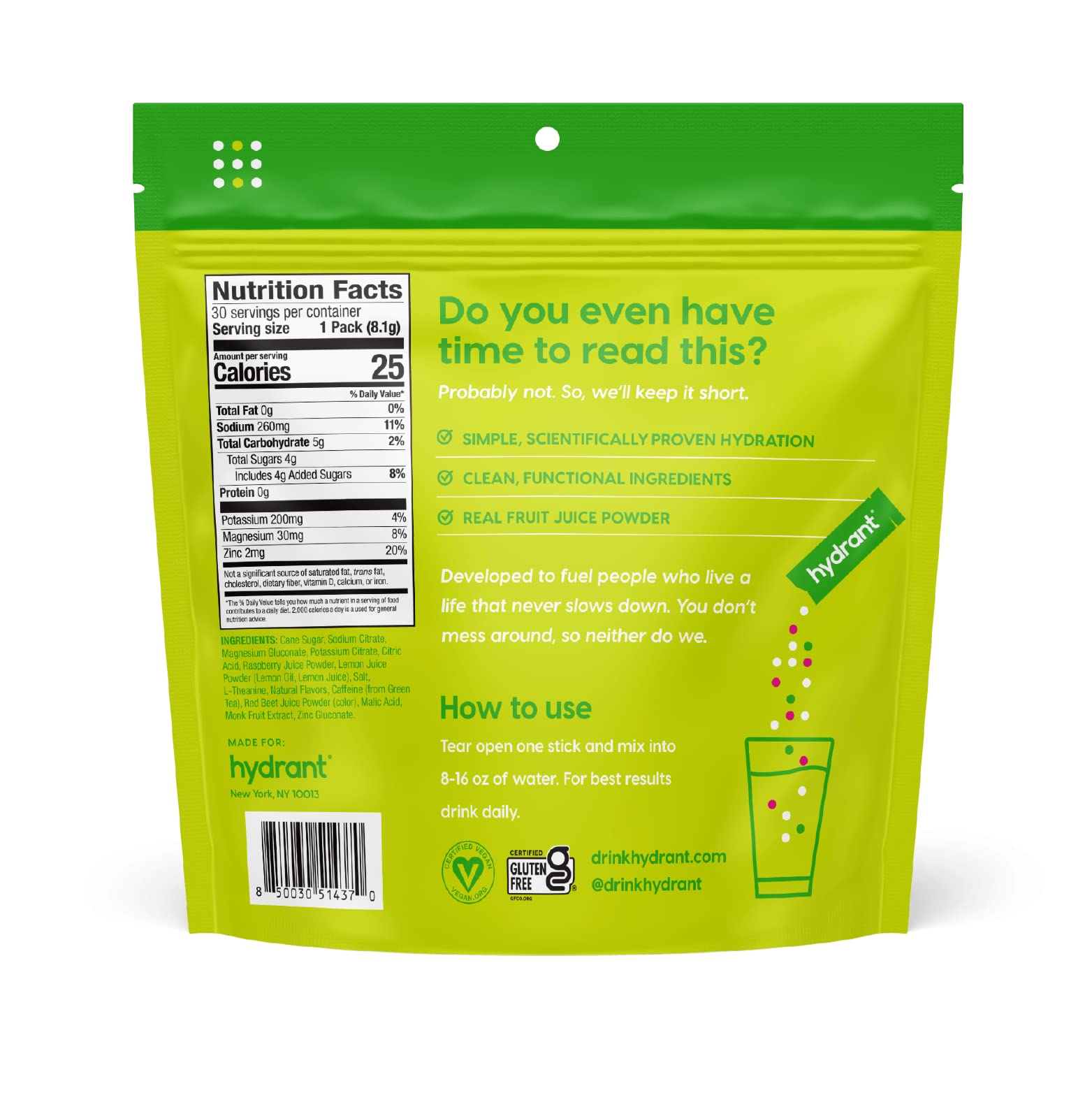 HYDRANT Raspberry Lemonade pack offering refreshing hydration and caffeine convenience.