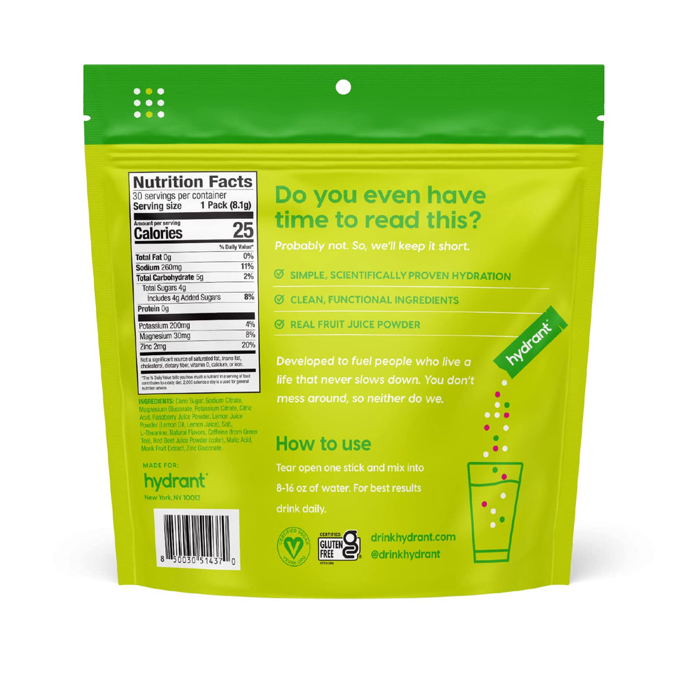 HYDRANT Raspberry Lemonade pack offering refreshing hydration and caffeine convenience.