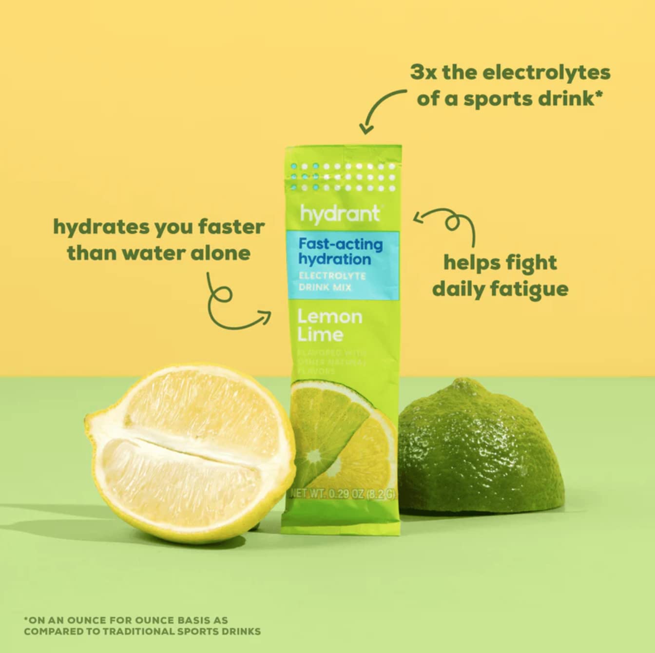 HYDRANT Hydrate lemon-lime glass shows a prepared electrolyte beverage.