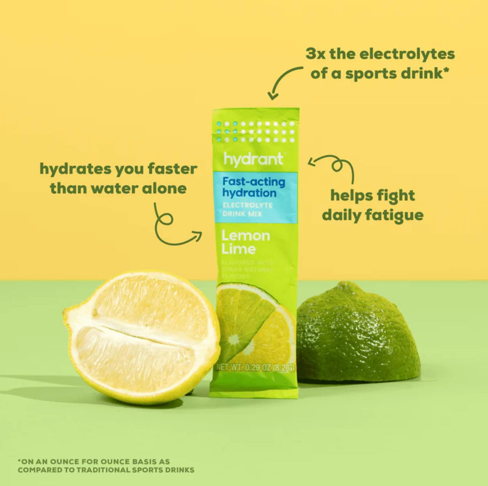 HYDRANT Hydrate lemon-lime glass shows a prepared electrolyte beverage.