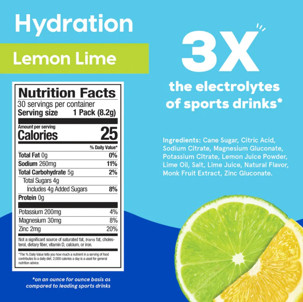 HYDRANT Hydrate lemon-lime stick pack opened, ready to mix.