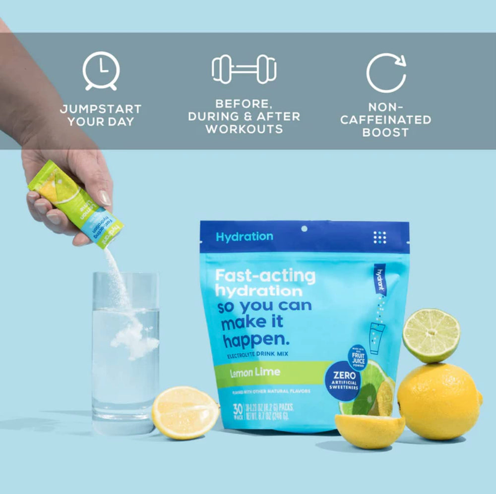 HYDRANT Hydrate lemon-lime travel-pack in a bag for hydration on the go.