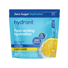 HYDRANT Hydrate lemonade stick-pack closeup for on-the-go hydration.
