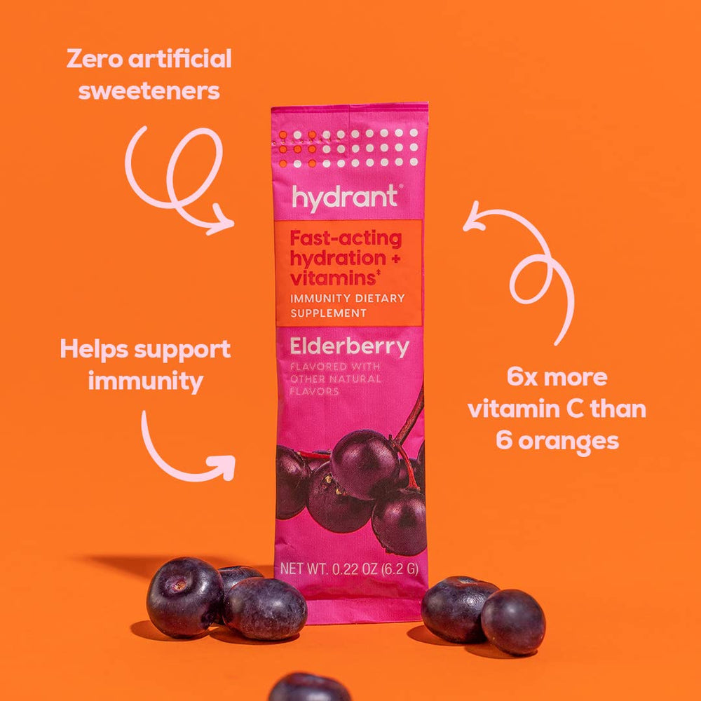 HYDRANT front label highlights vitamin C, D, and zinc ingredients