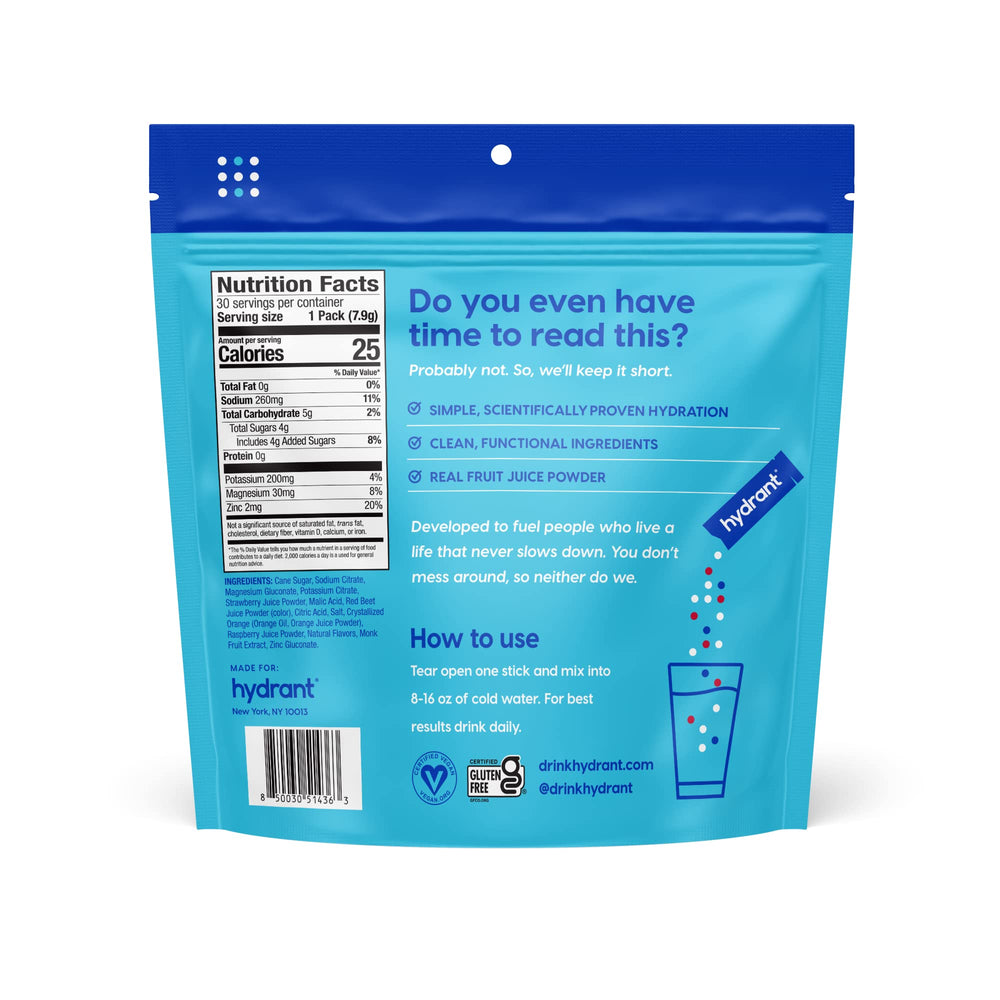 HYDRANT nutrition label with sticks visible for transparent ingredients