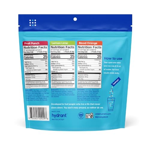 HYDRANT packets close-up showing low sugar for everyday hydration