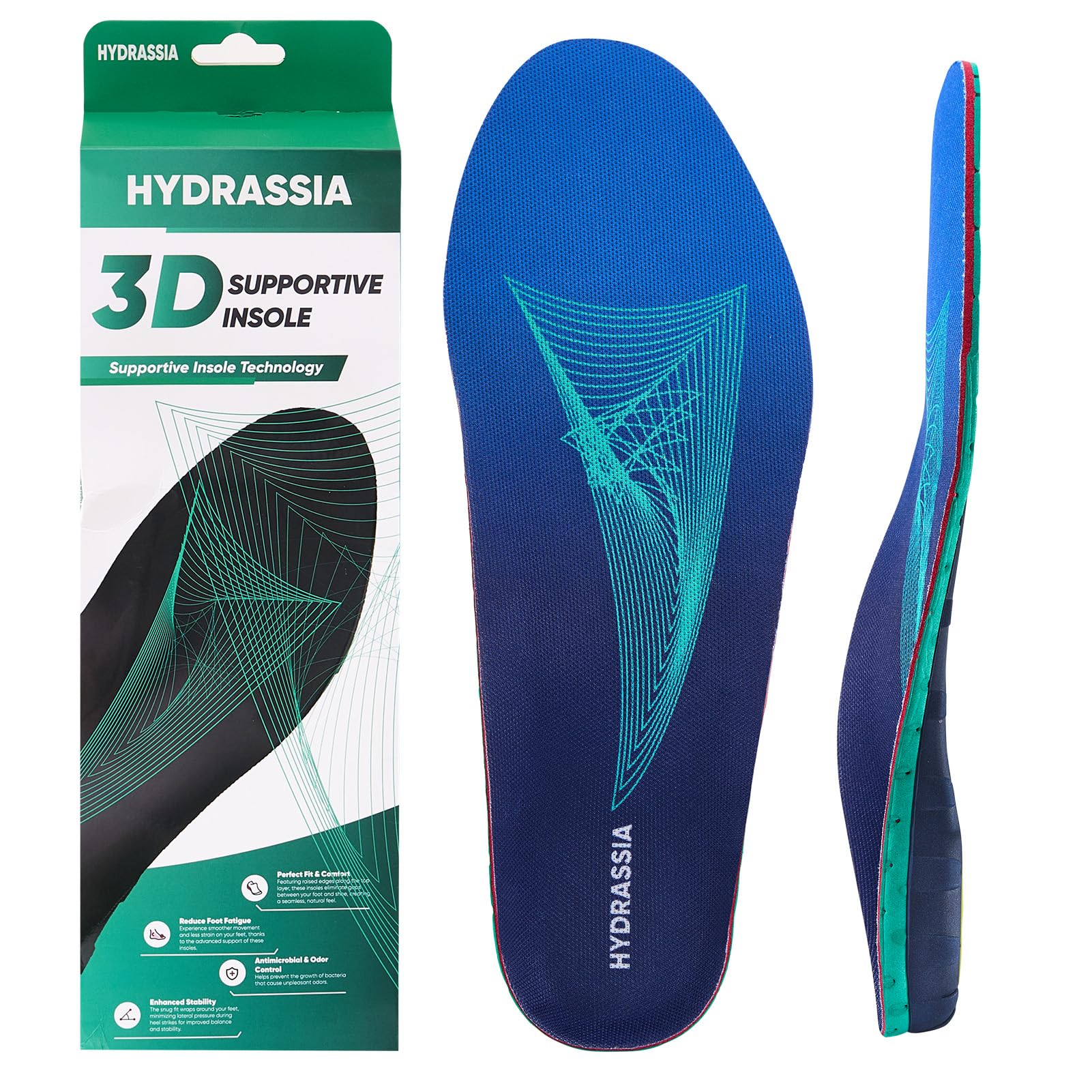 Hydrassia heavy duty arch support insole, side view, supports active feet during long shifts