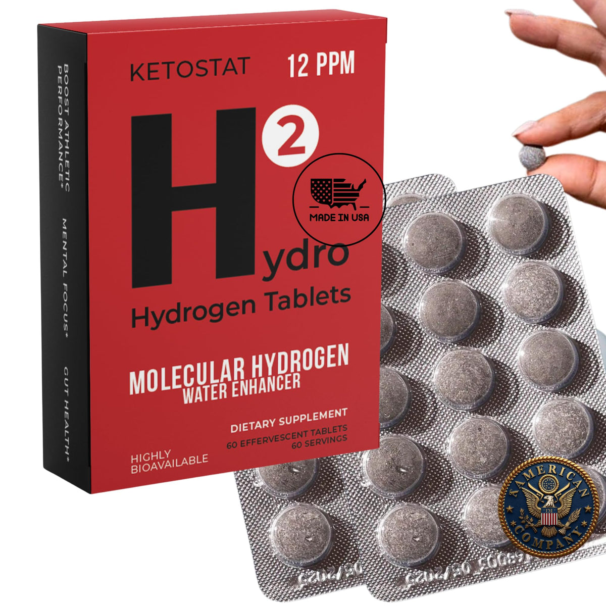 HYDRO HYDROGEN TABLETS packaging shows portability and freshness for on-the-go hydration.