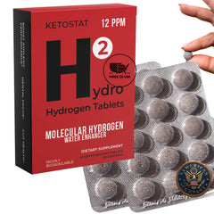 HYDRO HYDROGEN TABLETS packaging shows portability and freshness for on-the-go hydration.