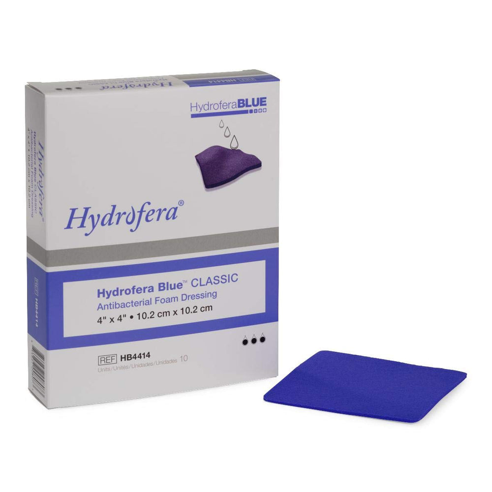 Hydrofera Blue 4x4 foam dressing in a box of 10, supports moist wound care.