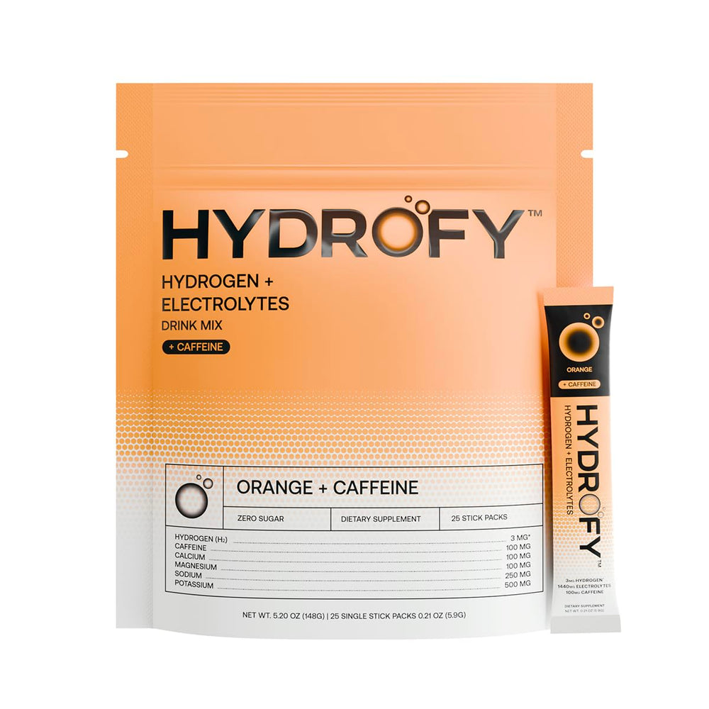 Hydrofy hydrogen water packets packaging for premium electrolyte hydration.