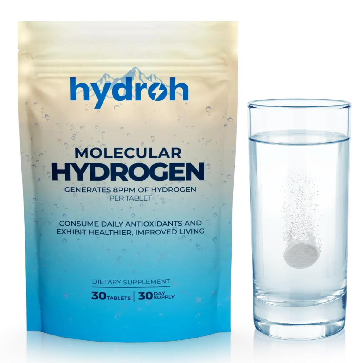 HydroH hydrogen water tablets dissolving in water for quick hydration.