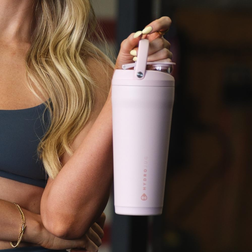 HydroJug 24 oz insulated shaker ergonomic carry handle for convenient hands-free carry.