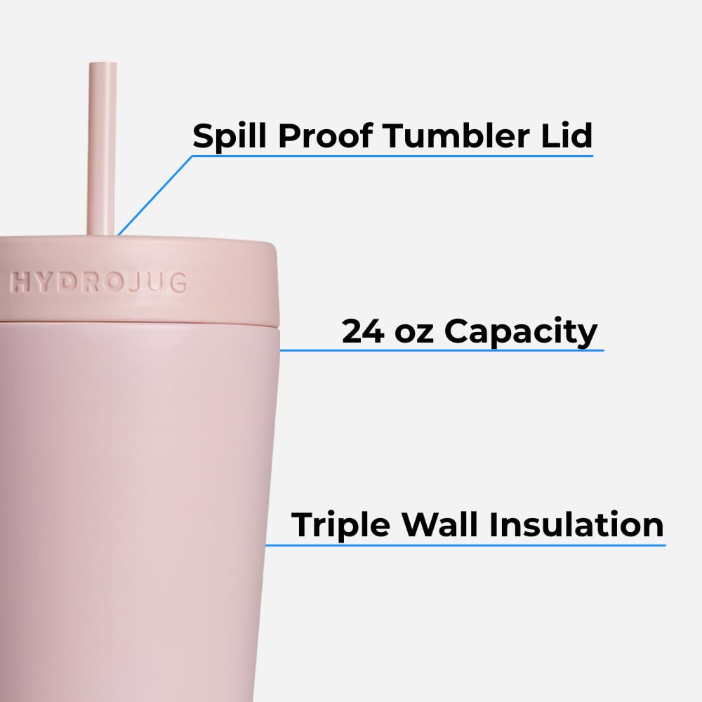 HydroJug shaker cup with vacuum insulation keeps drinks cold or hot for hours.