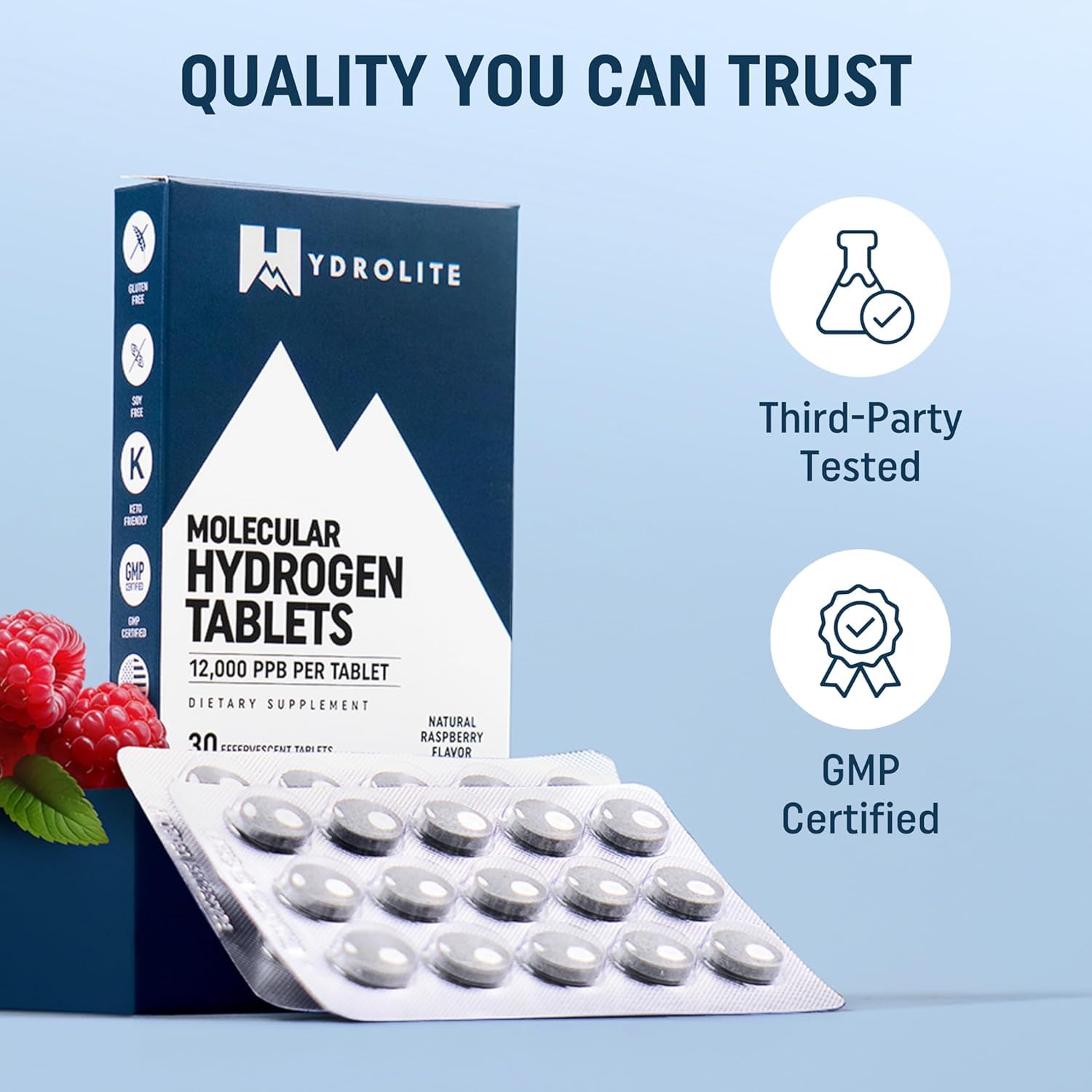 Glass of water with Raspberry HydroLite tablet ready to drink for convenient hydration.