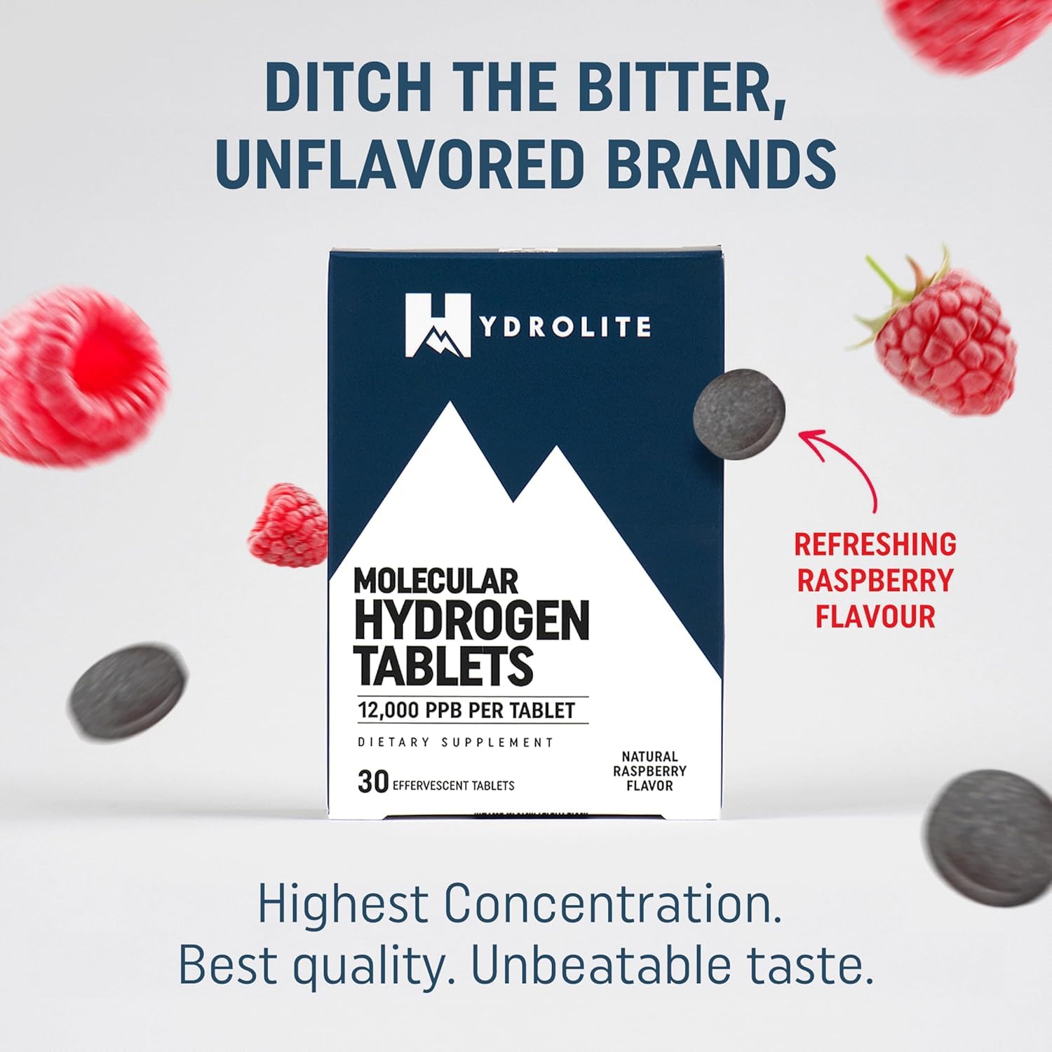 Made in USA seal on HydroLite Raspberry hydrogen tablets ensuring quality.