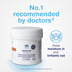 Hydromol Ointment 500g open tub for easy nighttime application.