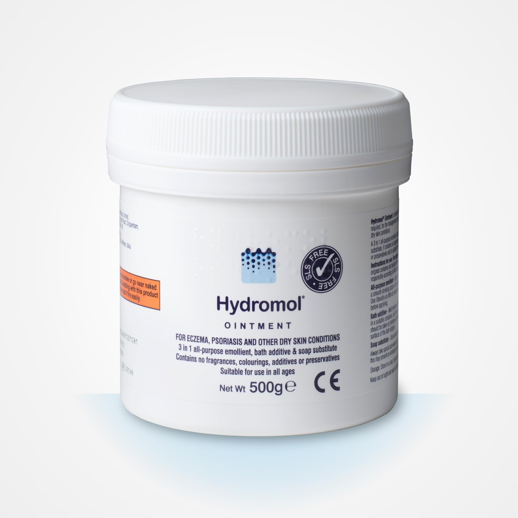 Hydromol Ointment 500g tub showing smooth texture for dry skin care.
