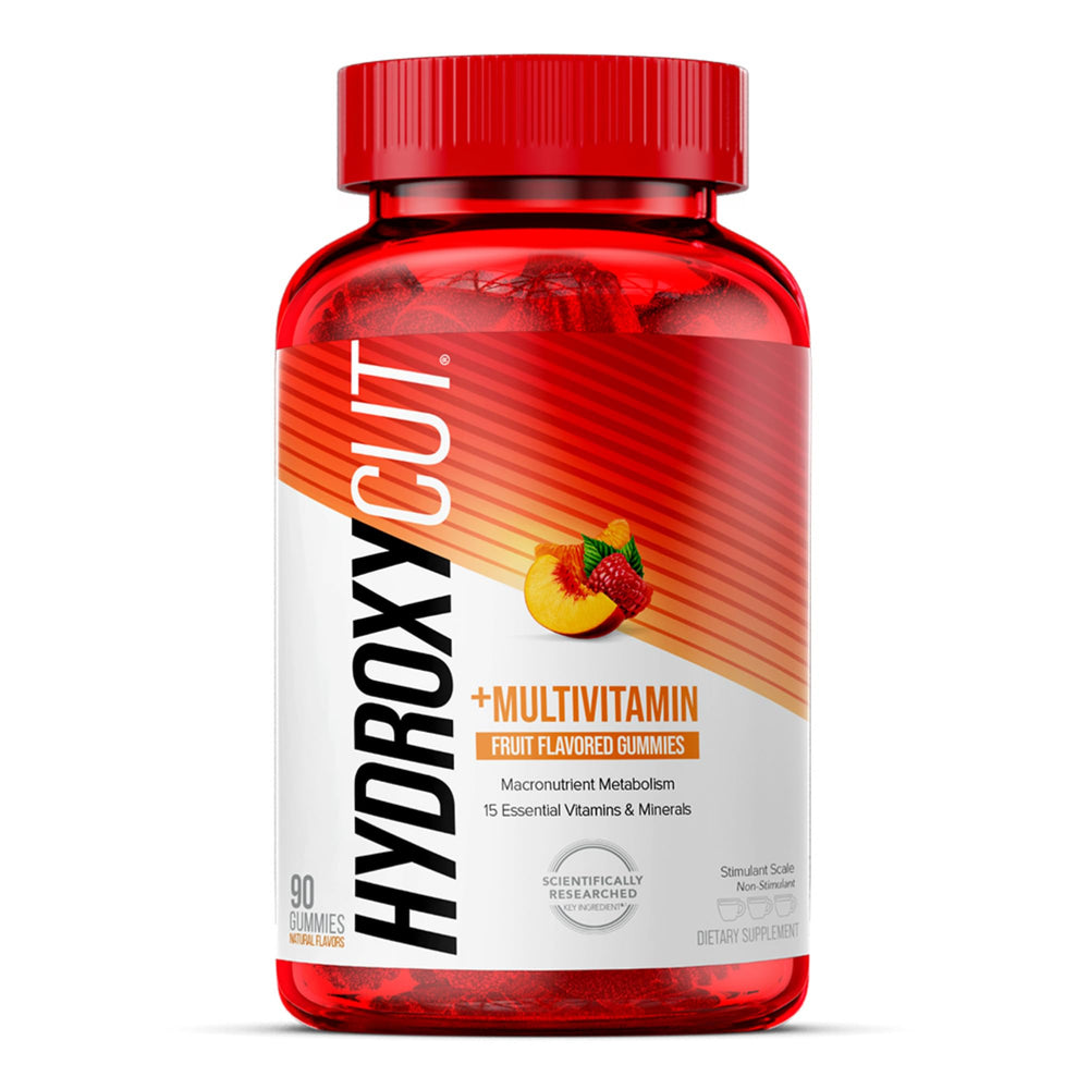 Hydroxycut Gummies bottle front shows caffeine-free convenience for daily use.