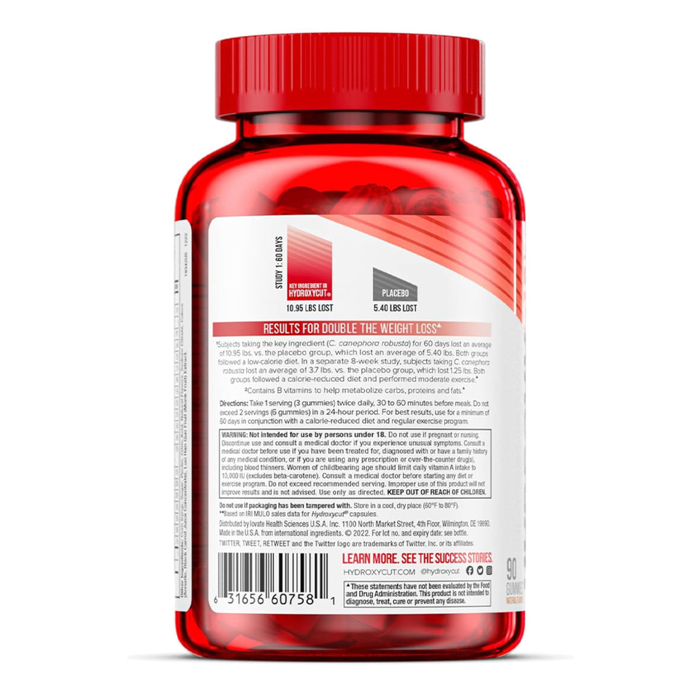 Hydroxycut Gummies label detail features product name and key ingredients.