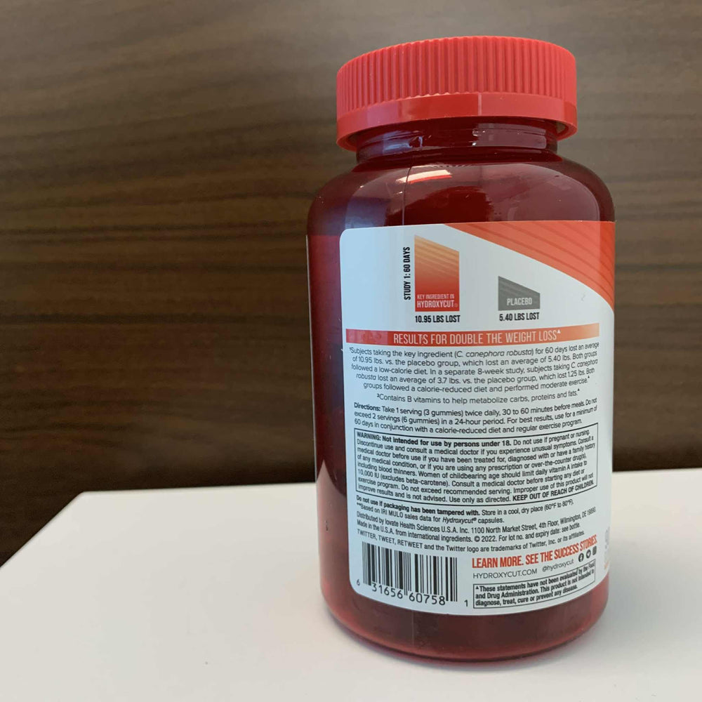 Hydroxycut Gummies on-the-go pouch emphasizes portable wellness support.