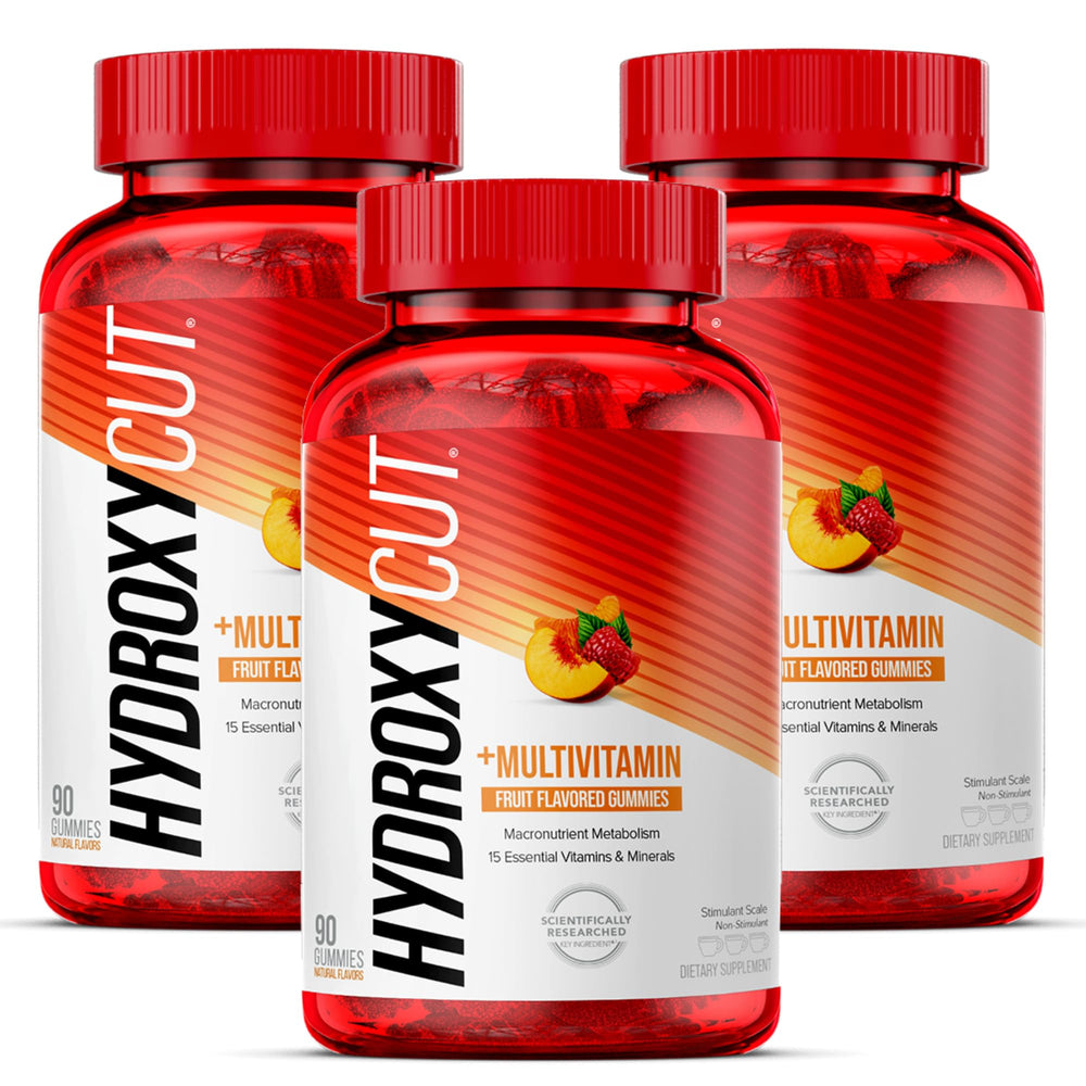 Hydroxycut Gummies pack of 3 bottles shown for daily metabolism support.