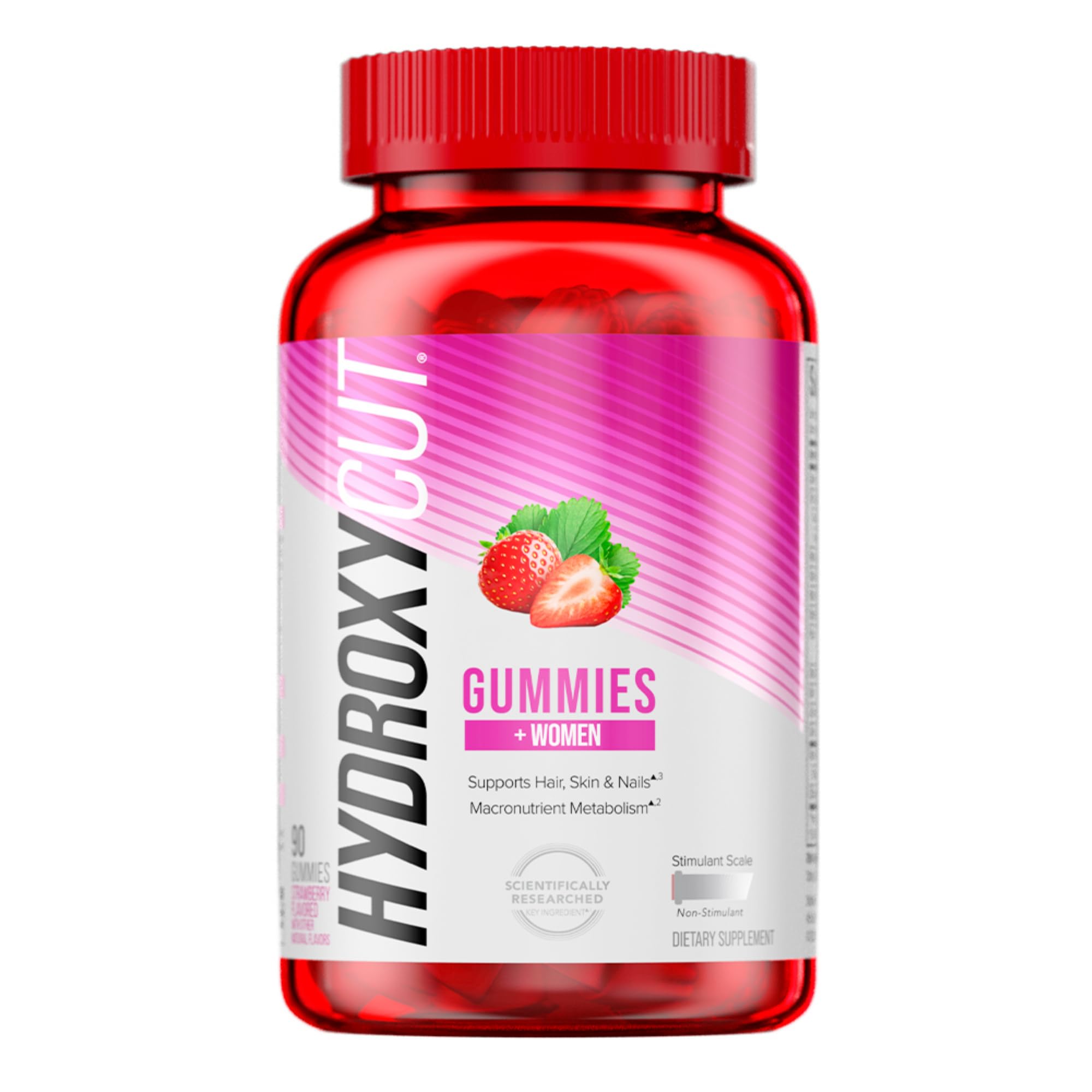 Hydroxycut Gummies +Women strawberry bottle for on-the-go metabolism support.
