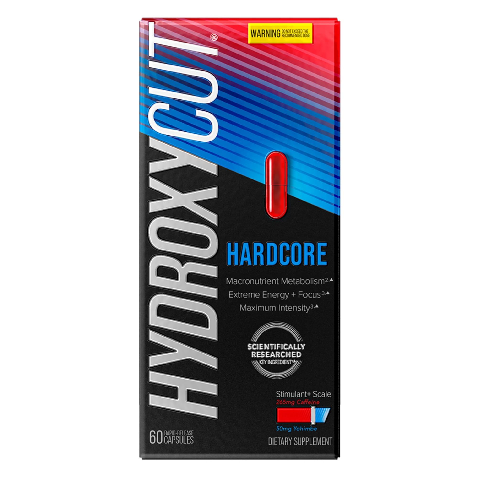 Hydroxycut Hardcore bottle front highlighting energy-boosting formula for workouts