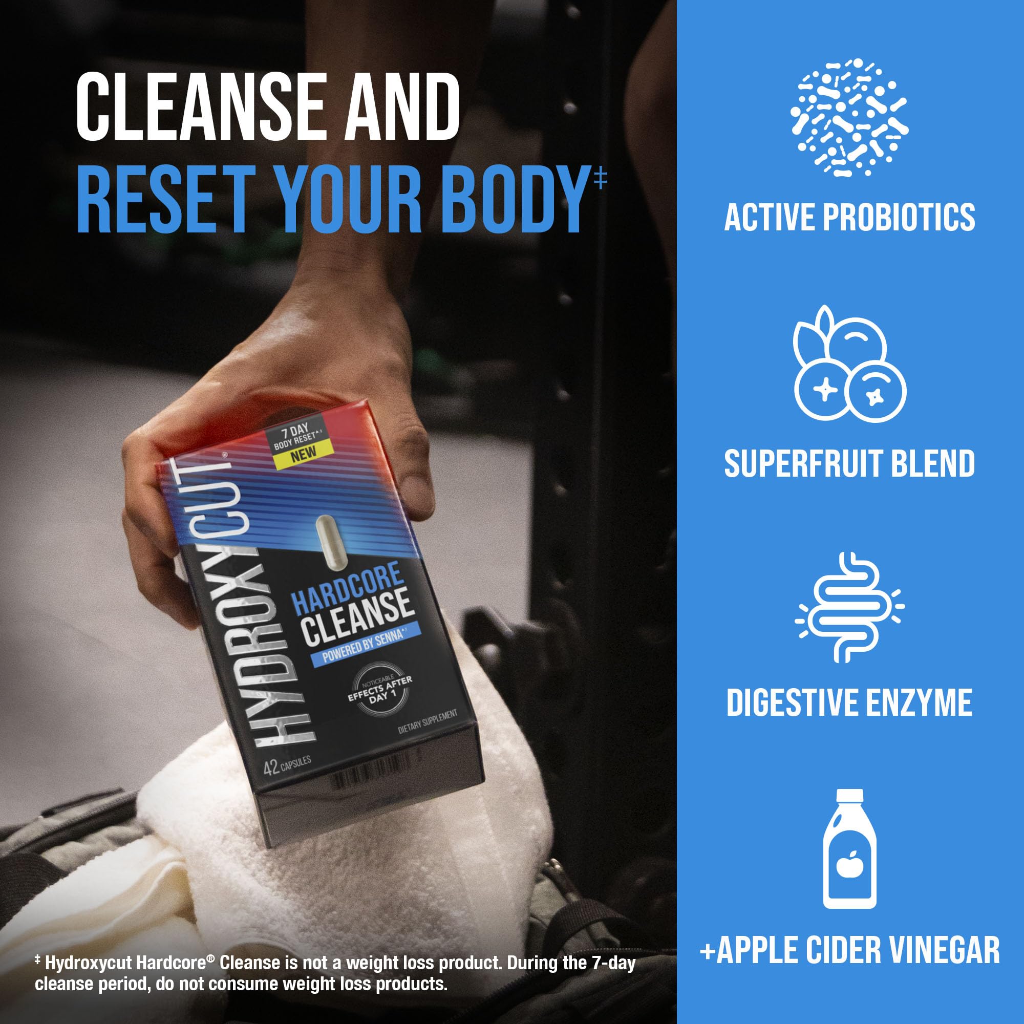 Probiotics and enzymes with Hydroxycut Hardcore Cleanse packaging for digestive balance