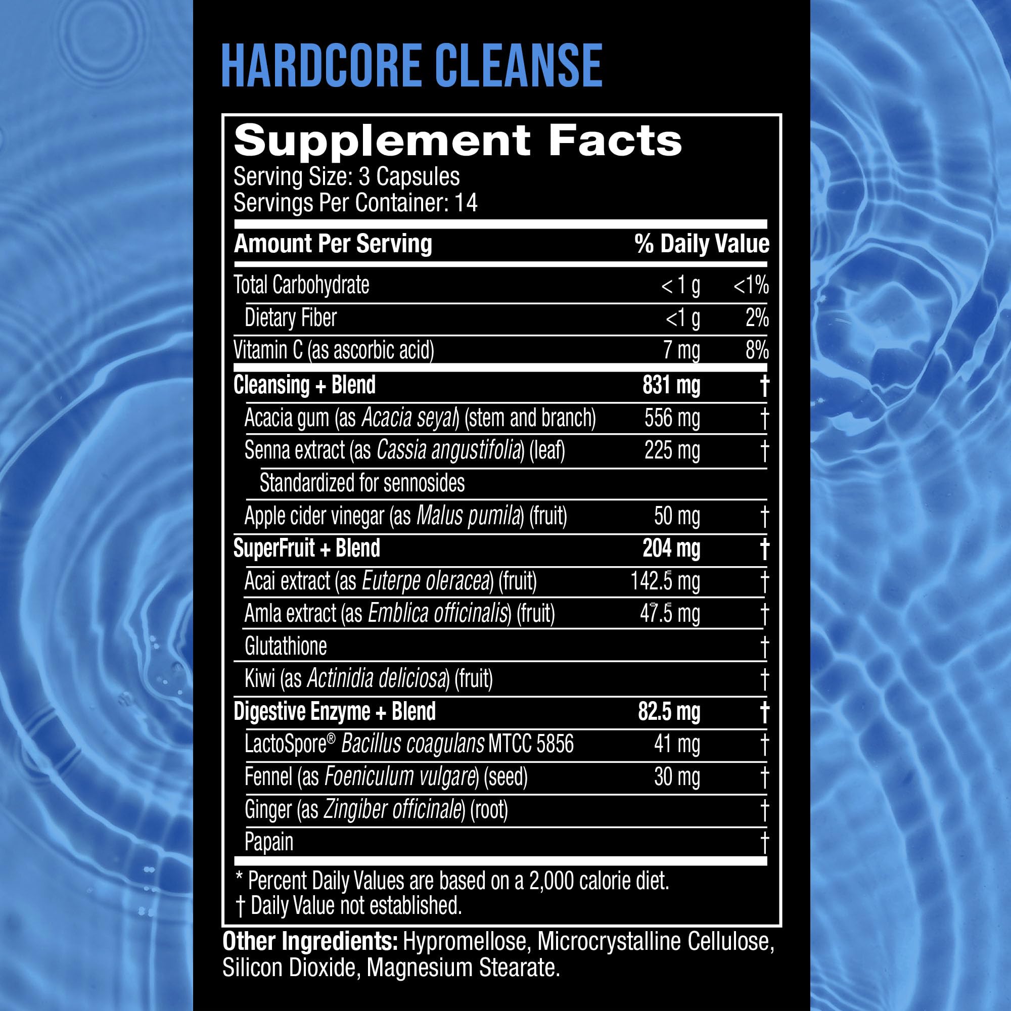 Senna leaf extract on Hydroxycut Hardcore Cleanse label for transit support