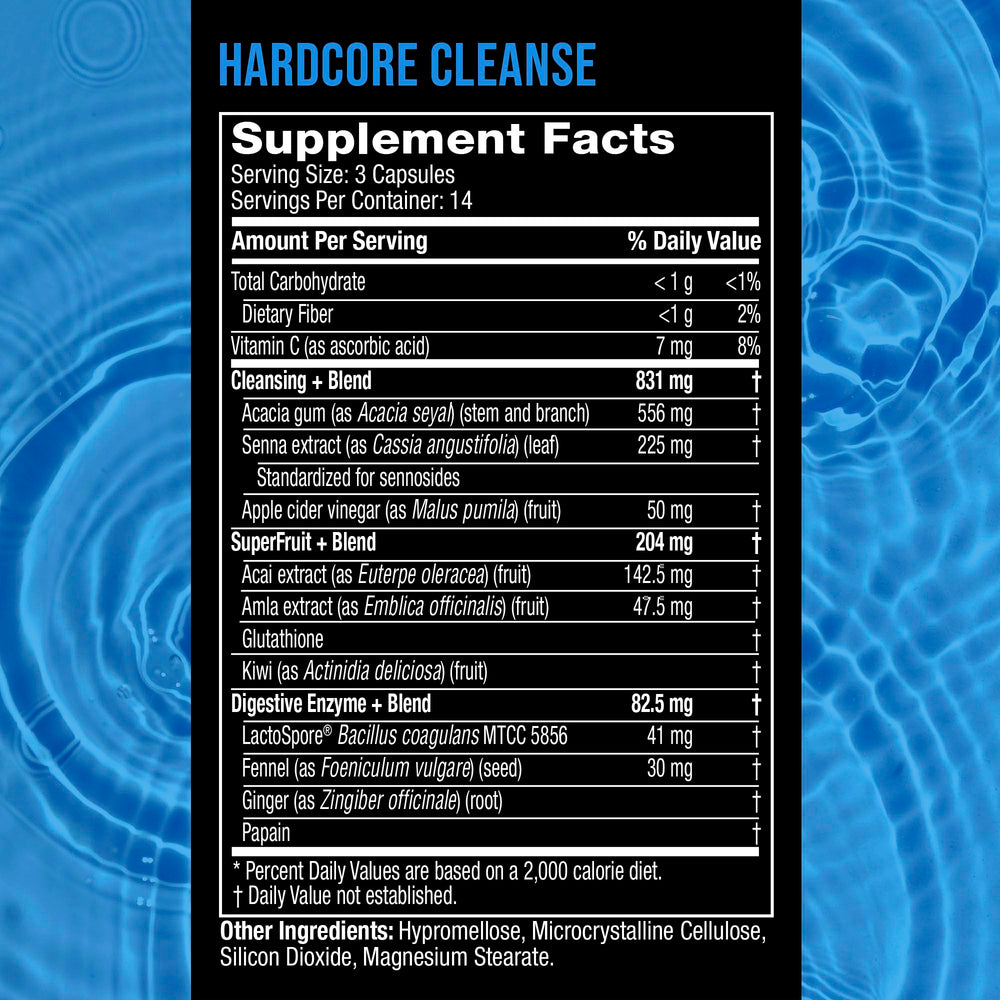 Senna leaf extract on Hydroxycut Hardcore Cleanse label for transit support