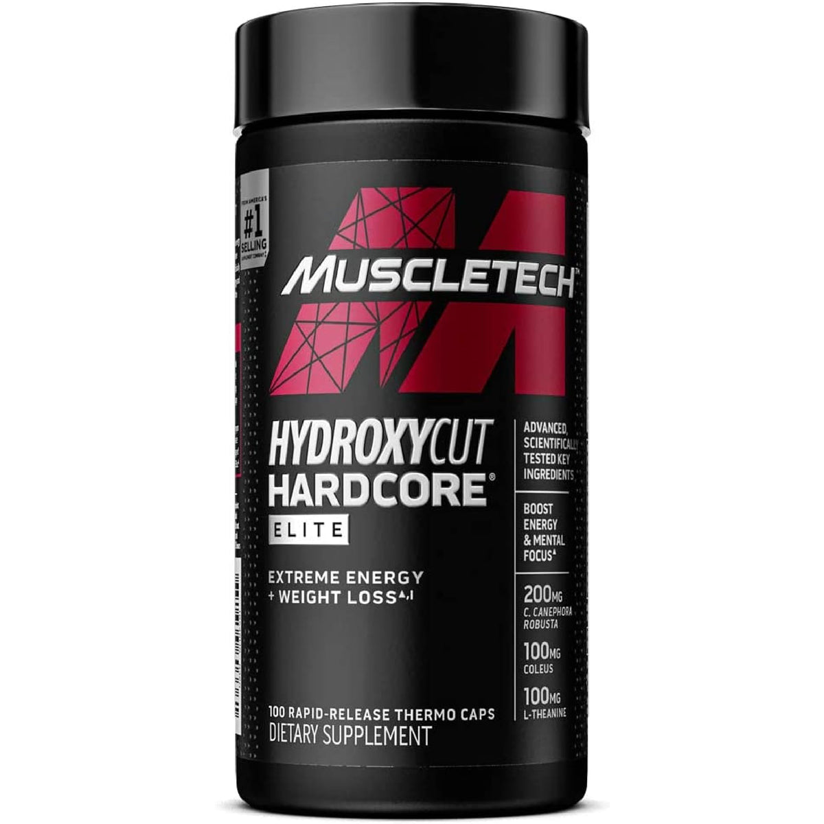 Hydroxycut Hardcore Elite bottle front shows premium packaging for energy and focus.