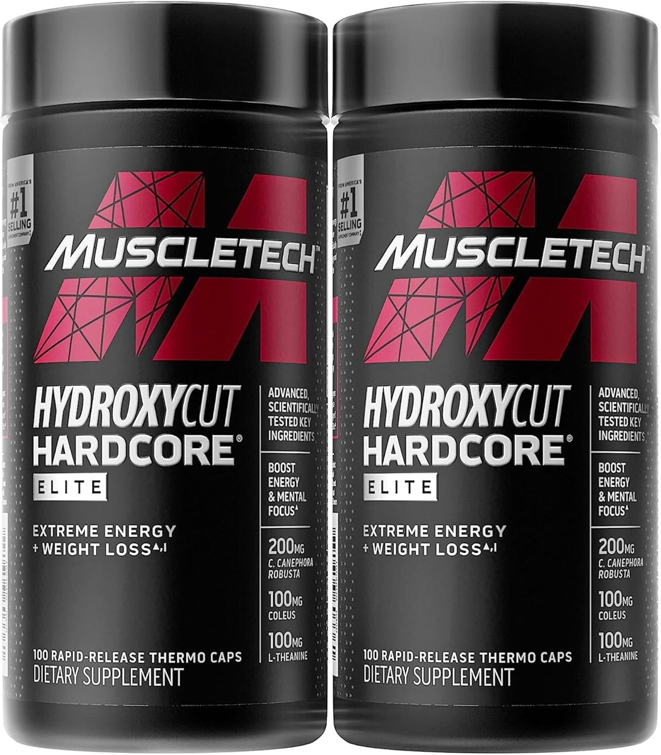 Hydroxycut Hardcore Elite container front view highlighting energy formula.