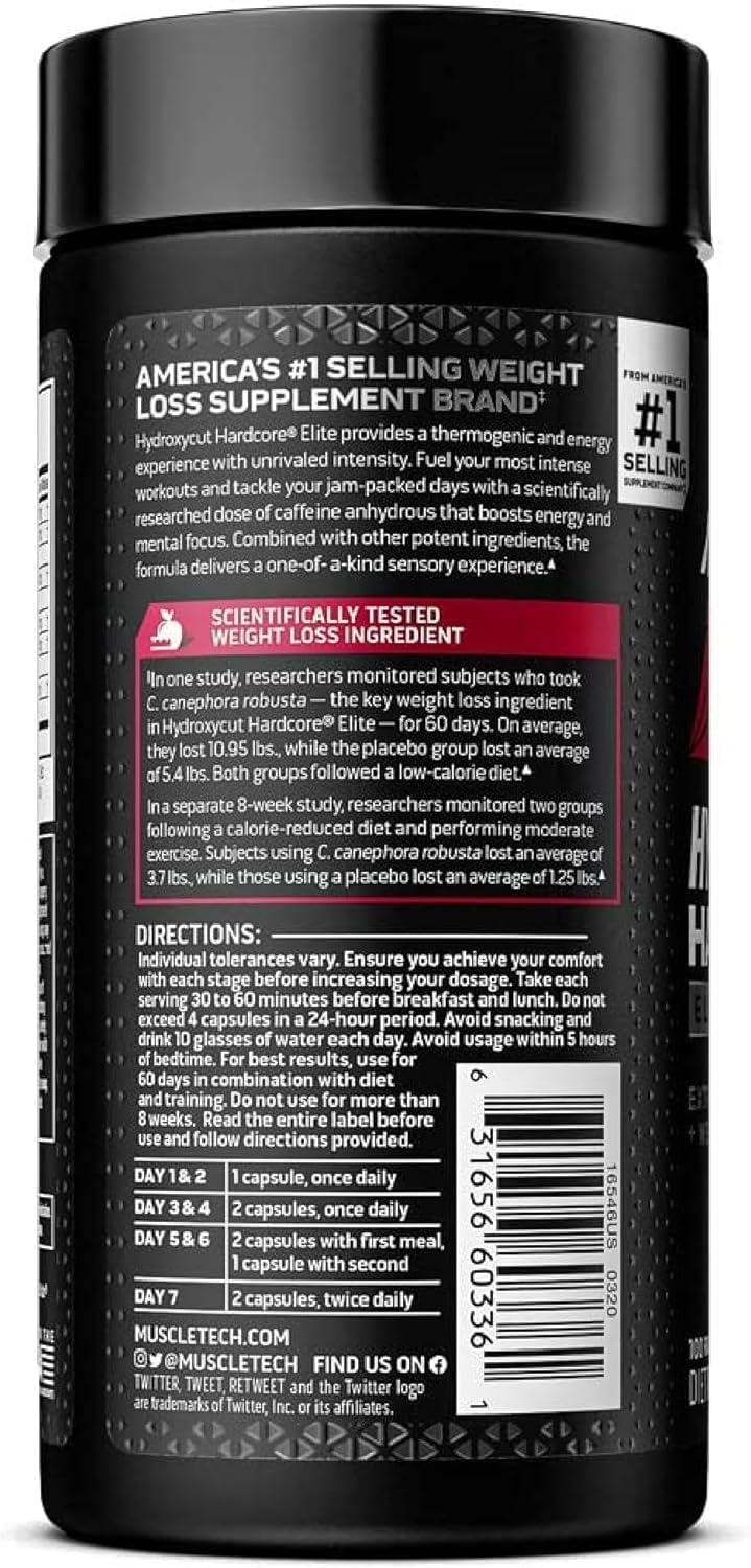 Hydroxycut Hardcore Elite ingredient panel with caffeine and focus support.