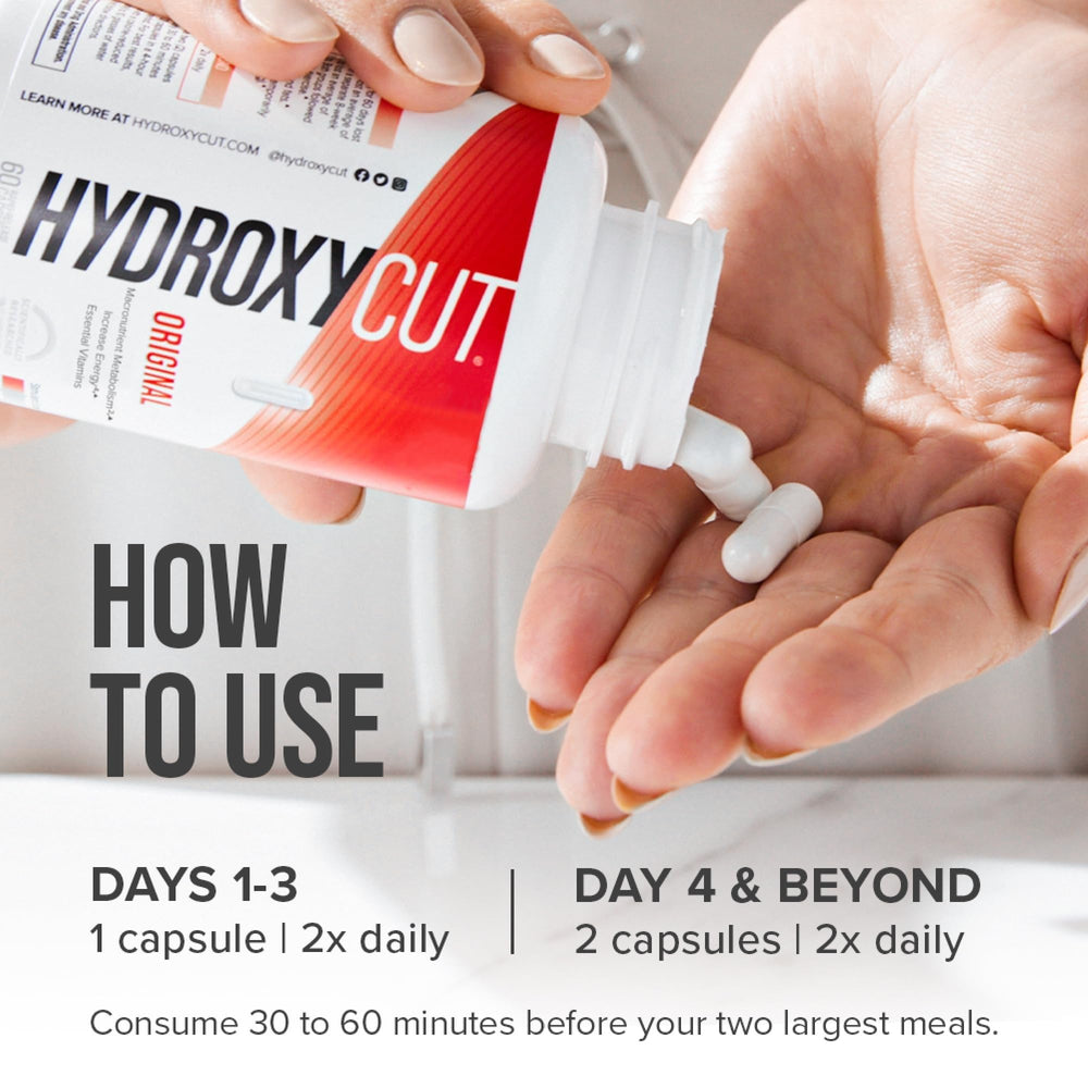 Hydroxycut Original bottle with gym gear illustrating workout-friendly support