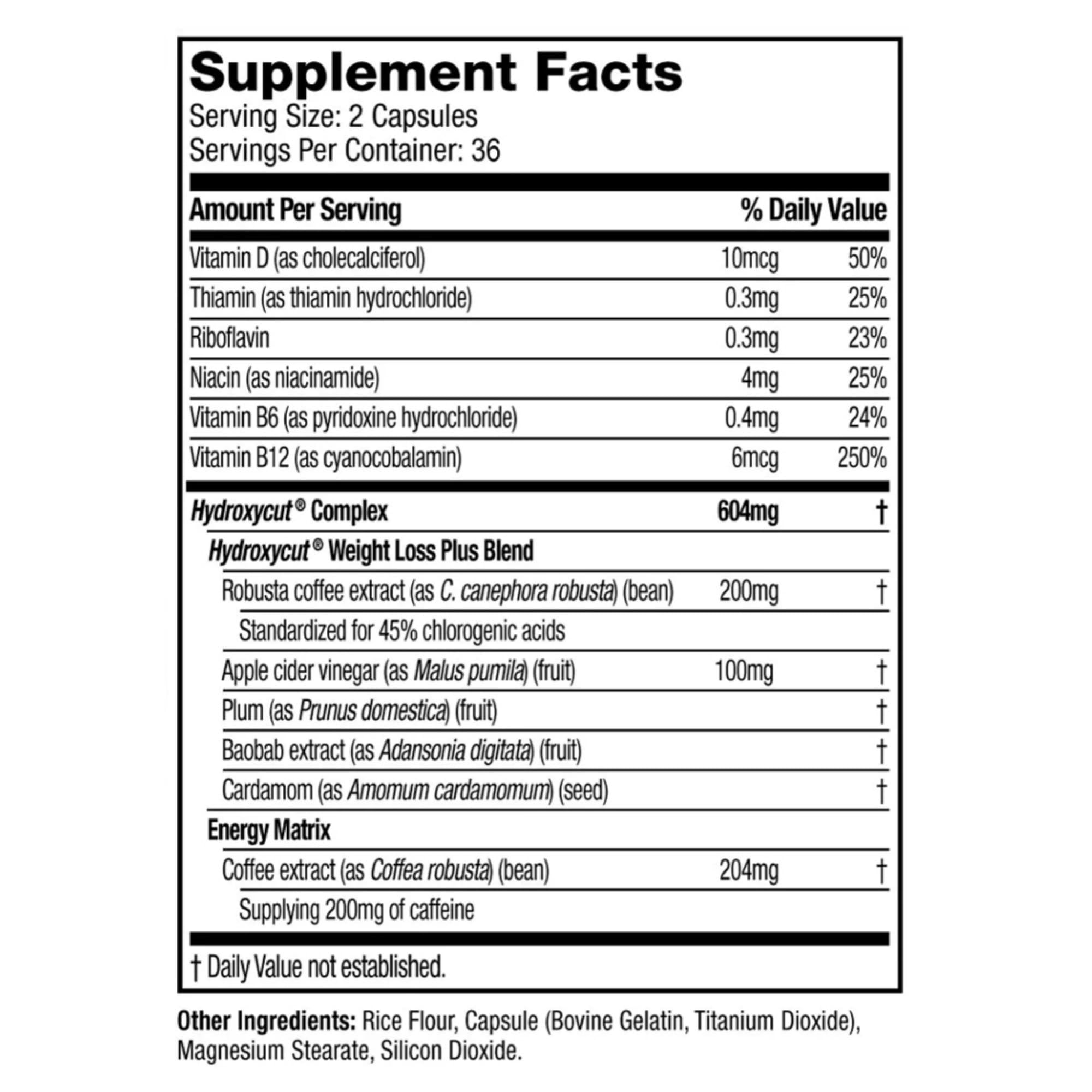 Close-up of Hydroxycut Original capsules showing rapid-release form and caffeine boost