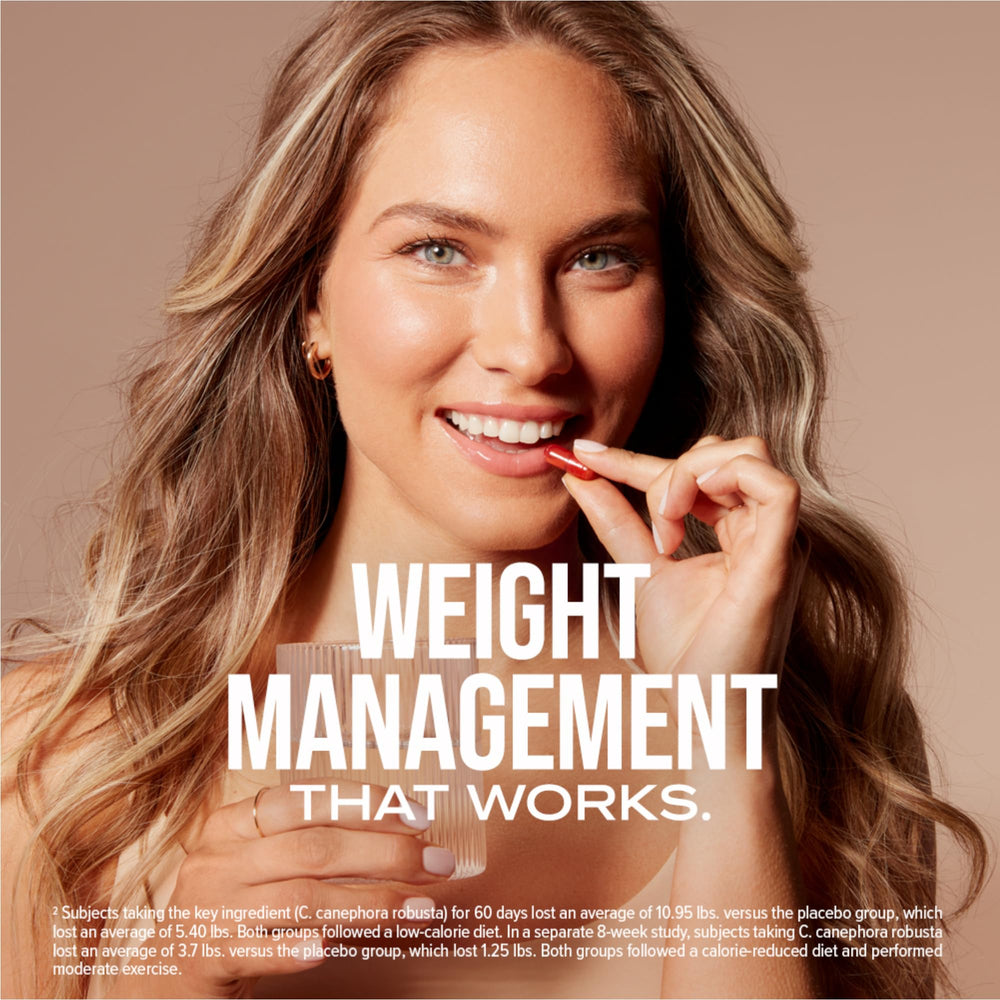 Hydroxycut +Women bottle emphasizes biotin for hair, skin, and nails.