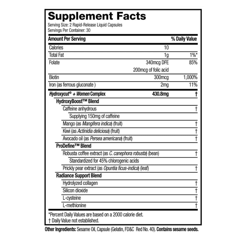 Close-up of Hydroxycut +Women capsule highlighting 150 mg caffeine for focus.