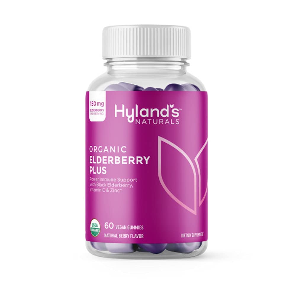 Hyland's Organic Elderberry Plus Gummies bottle front for daily vegan immune support.